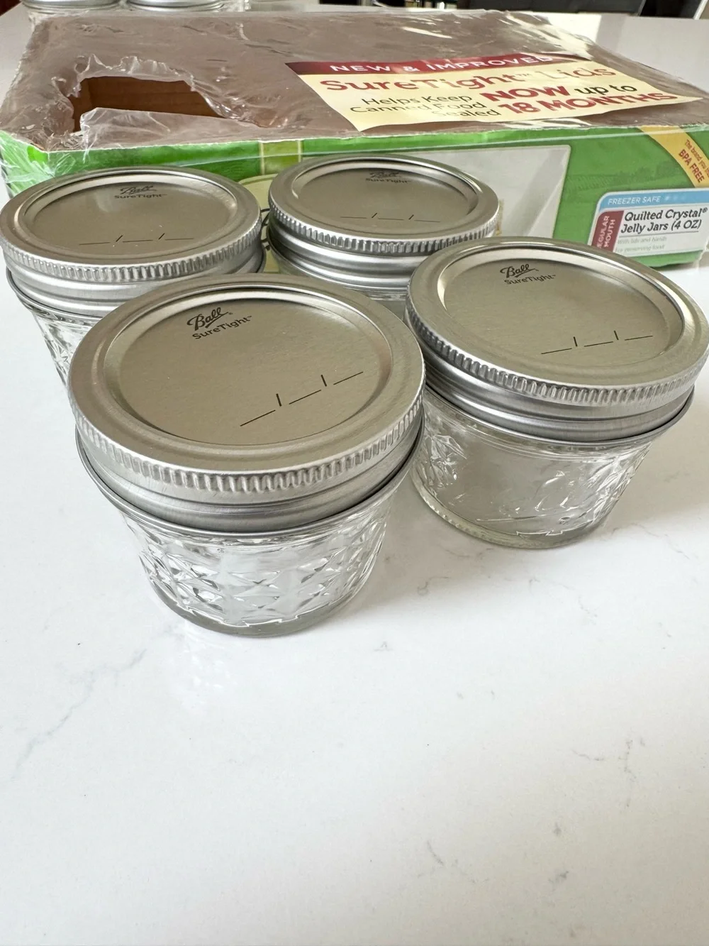 4 Ball 4oz regular mouth quilted crystal mason jars with Sure Tight Lids/Bands